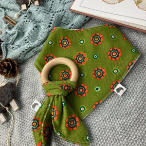 Green Bandana Style Dribble Bib and Natural Beechwood Teething Ring