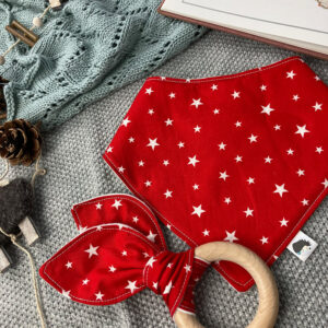 Handmade Red Stars Dribble Bib and Teething Ring