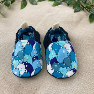 Handmade baby shoes in navy babycord with blue bear print cotton lining, soft sole booties with elastic heels and non-slip suede soles for first walkers.
