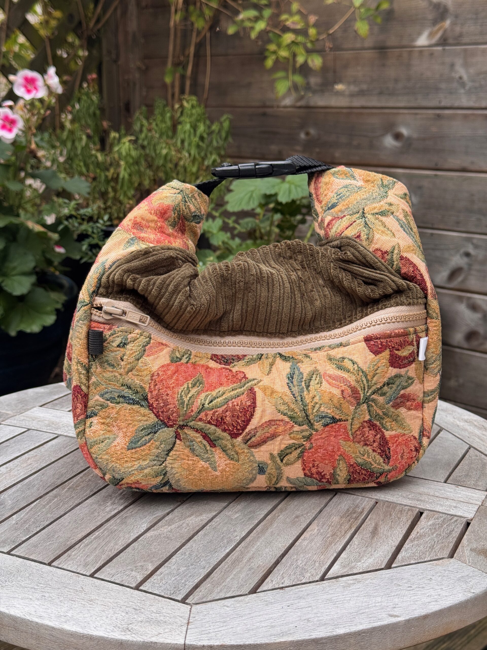 Chalk Bucket bouldering bag handmade using vintage and repurposed textiles