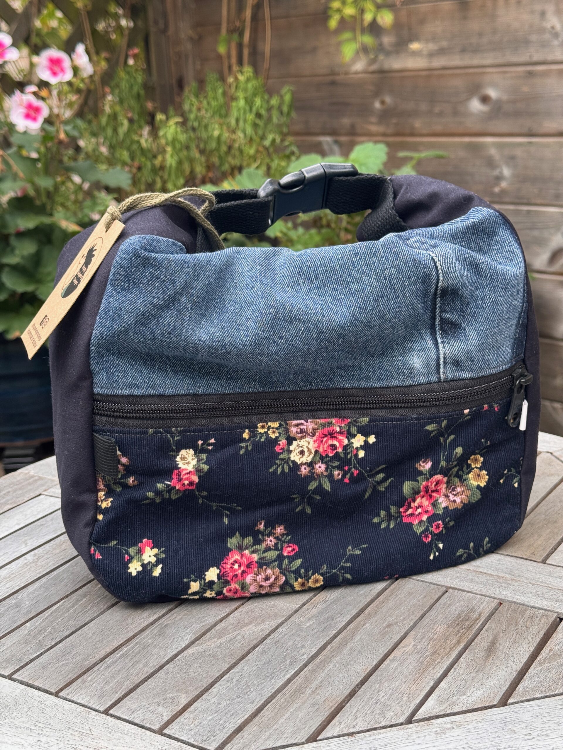 Bouldering bucket bag made from repurposed jeans and floral corduroy