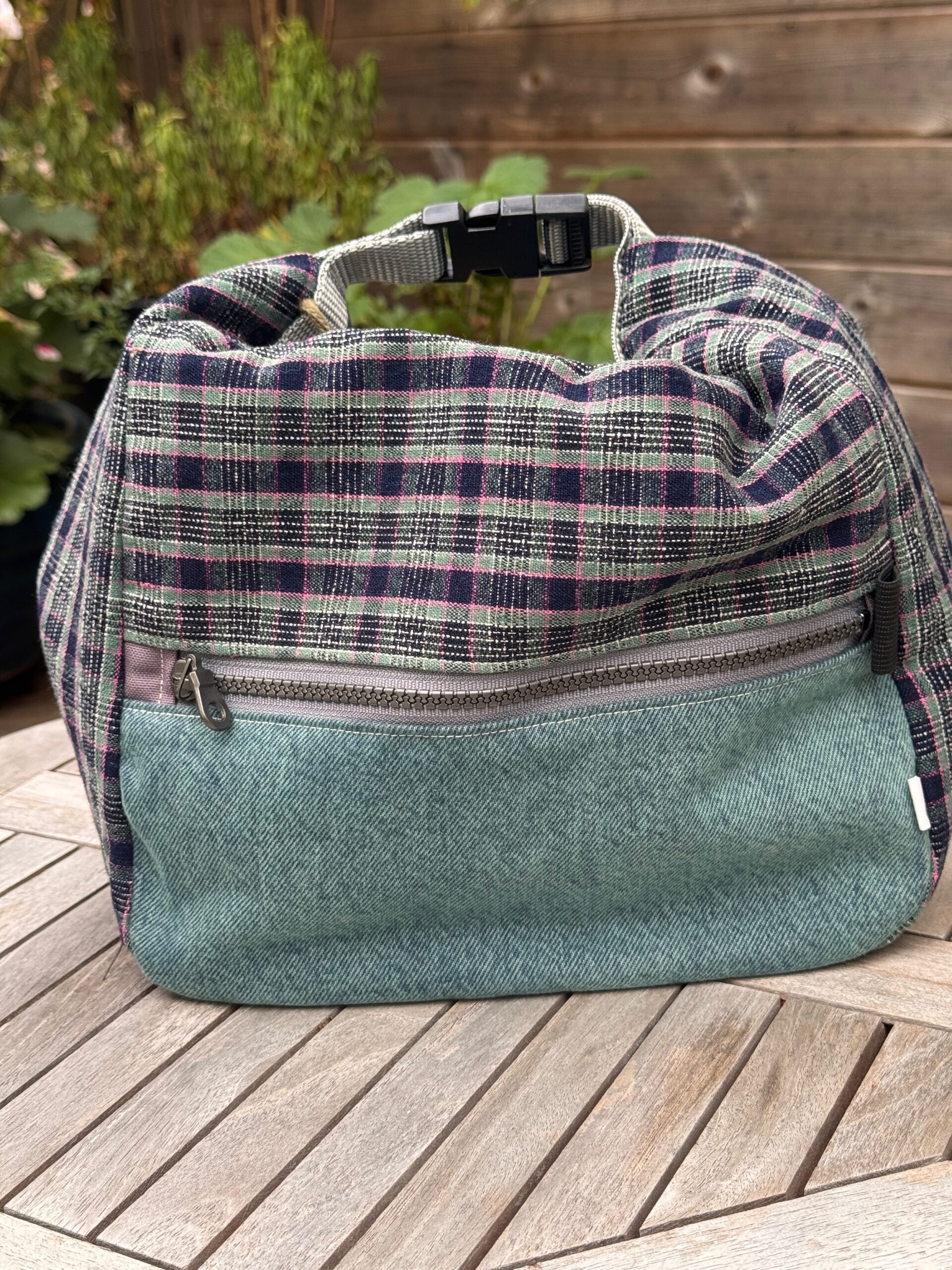 Bouldering chalk bucket made from vintage fabric and repurposed jeans
